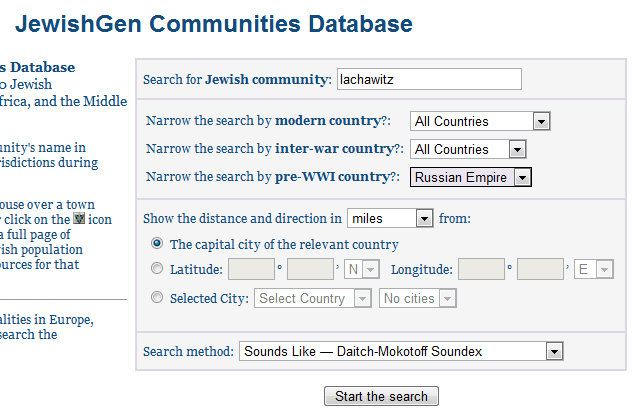 Screenshot of the Jewishgen.org Shtetl finder