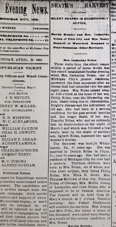 Obituary for Catherine Nolan in the Michigan City Evening News. Dated April 25, 1904.